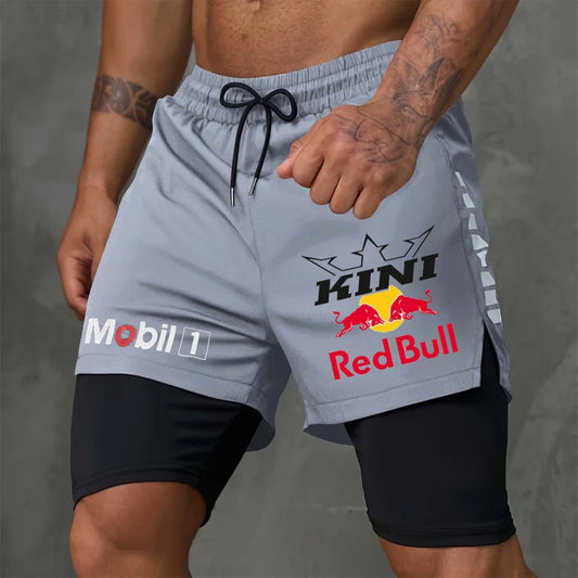 Men's Race Car Logo Print Gray Double Layer Sports Shorts