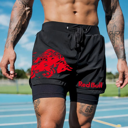 Men's Racing Logo Print Double Layer Sports Shorts